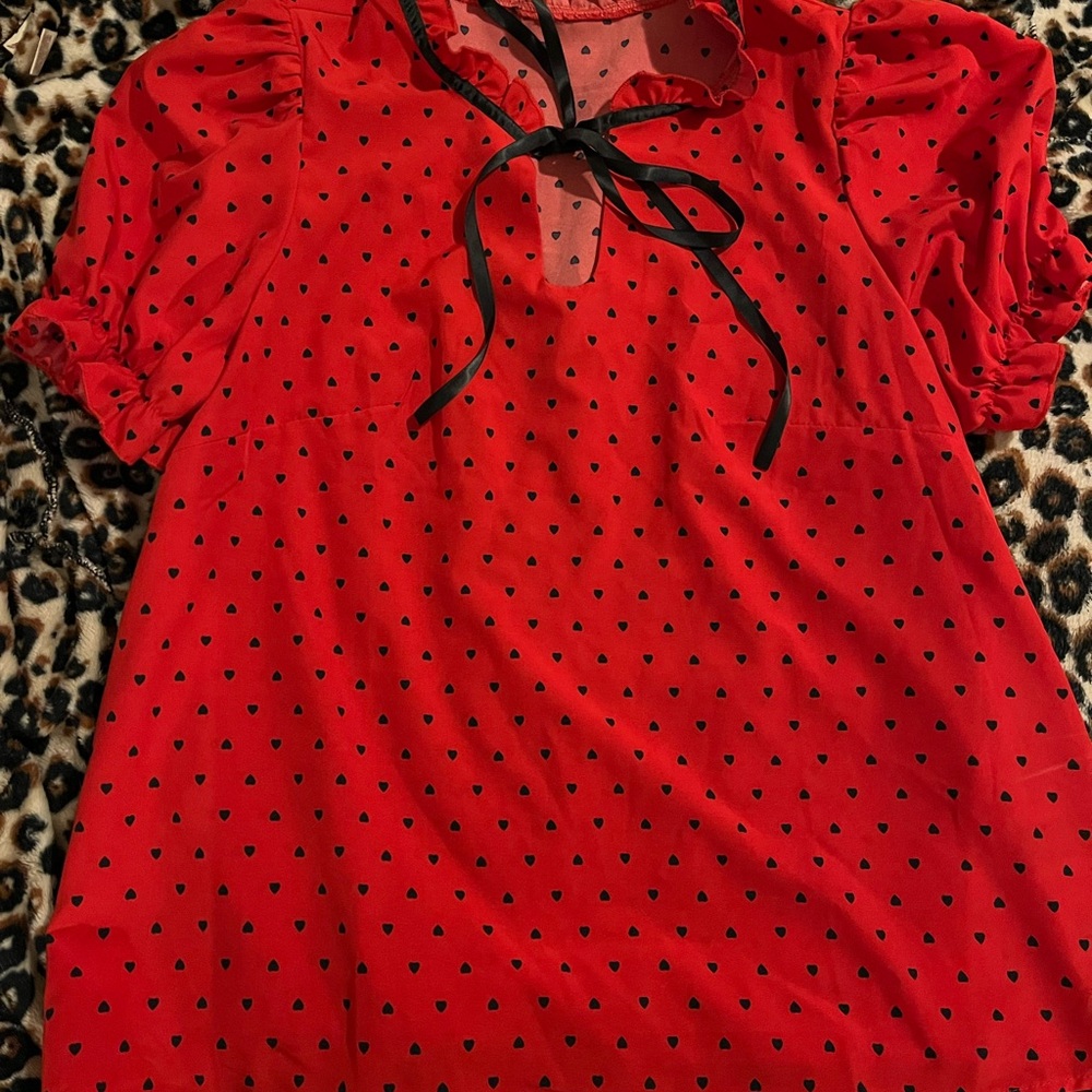 Size 1X Red and Black Heart Polka Dot Blouse
